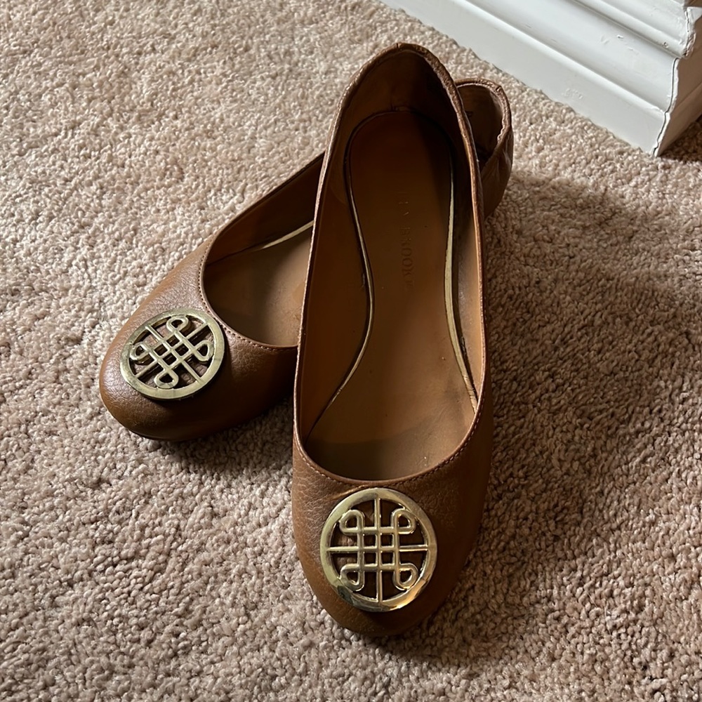 Audrey Brooke Kristin Camel Tan Ballet Flat Leather Round Toe Shoes